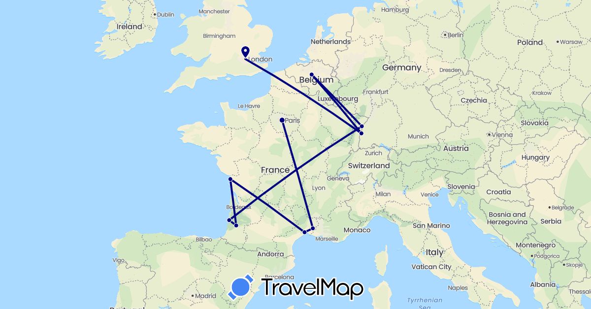 TravelMap itinerary: driving in Belgium, Germany, France, United Kingdom (Europe)